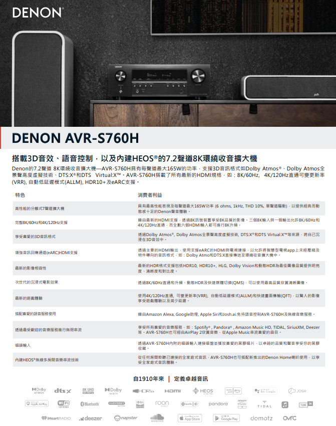 永悅音響 DENON AVR-S760H 7.2聲道8K環繞收音擴大機 贈8K HDMI線1條 全新公司貨